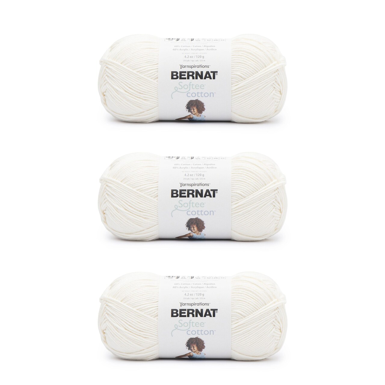 Bernat Softee Cotton Cotton Yarn - 3 Pack of 120g/4.25oz - Nylon - 3 DK (Light) - 254 Yards - Knitting/Crochet